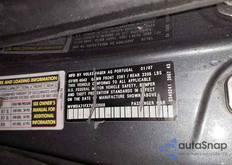 2007 Volkswagen Eos 2.0T z USA, uszkodzony, nr VIN WVWDA71FX7V032008